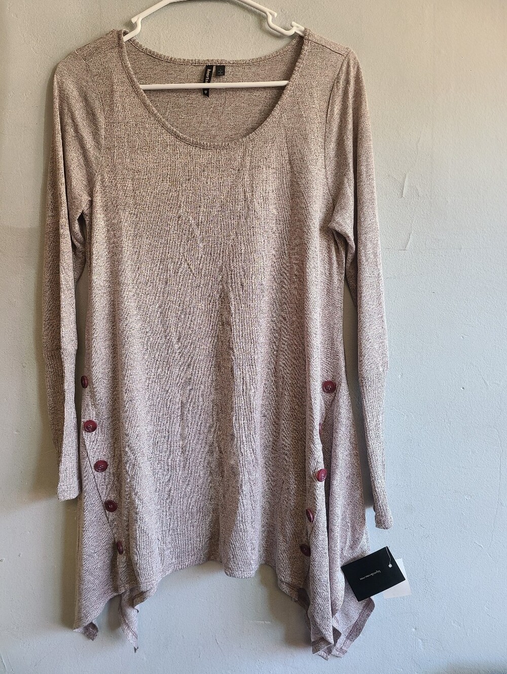 New women's large mauve purple heather long tunic top kerchief hem button accent